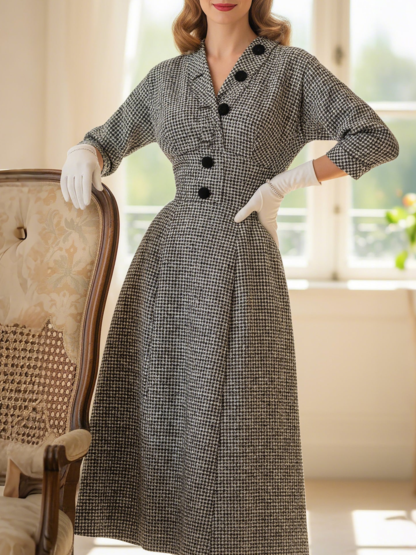 Midi Wool Dress, Half Sleeve, V Neck, Plaid, Belt Design, Vintage, Black