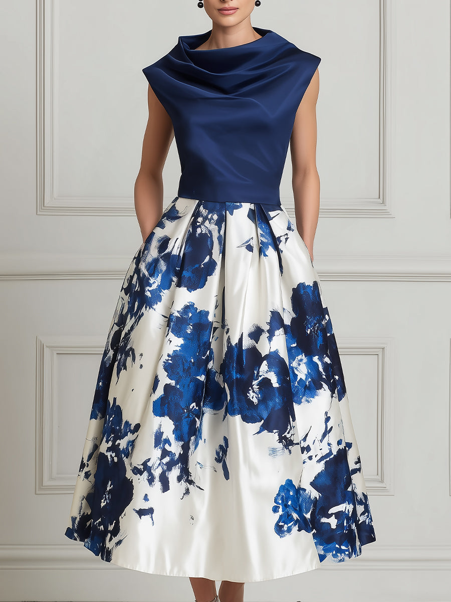 Elegant Floral Satin A-Line Midi Dress