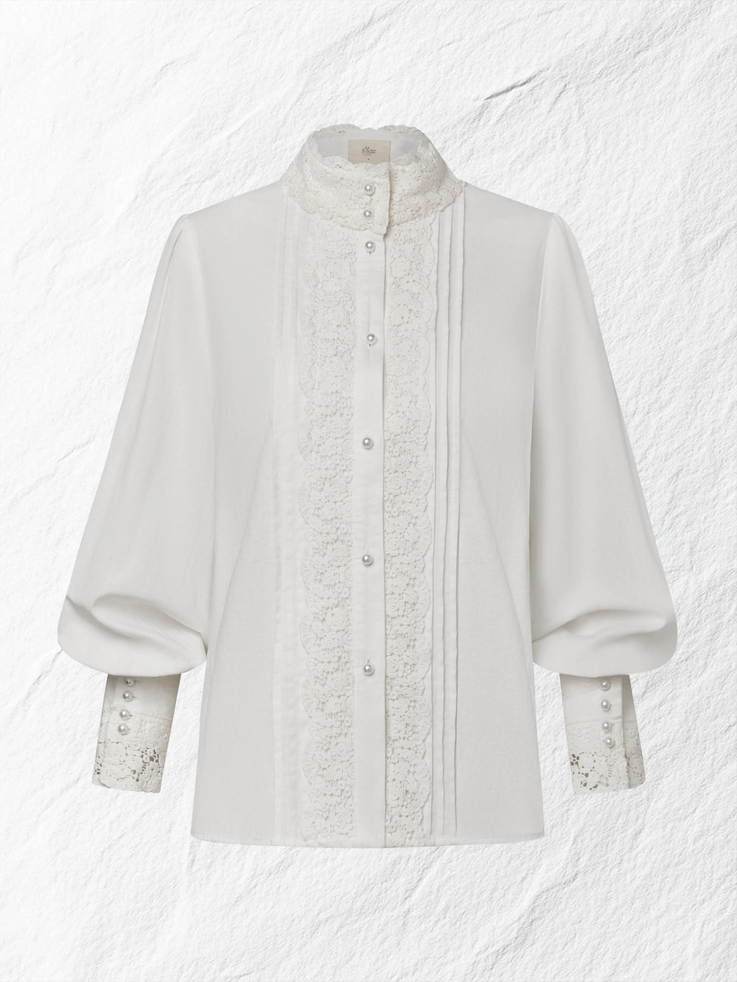 Linen Shirt, Long Sleeves, Stand Collar, Plain, Lace, Vintage, Ivory