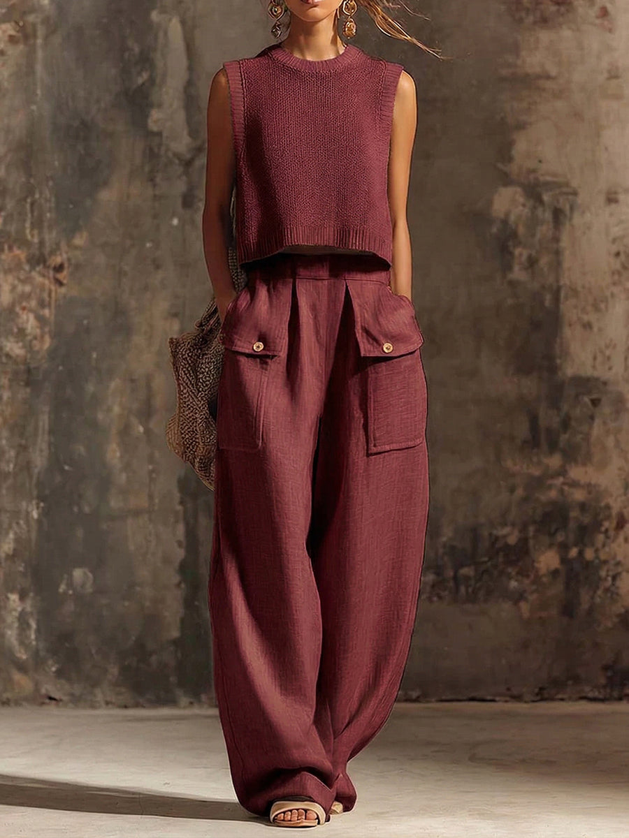Casual Cargo Pockets Cotton-linen Wide-leg Pants