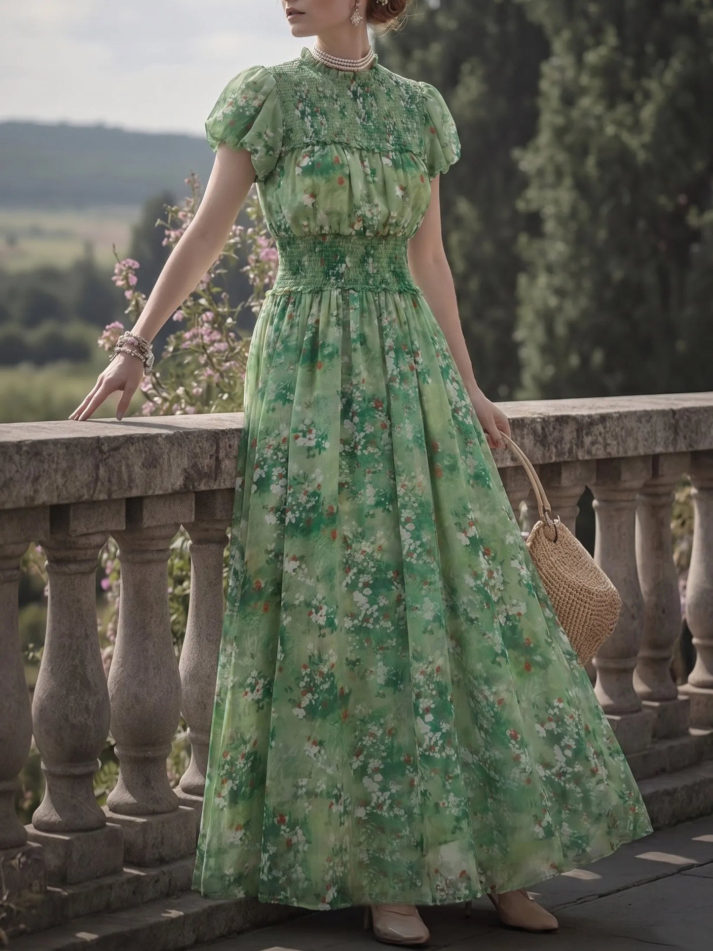 Maxi Linen Dress, Short Sleeves, Round Neck, Floral, Vintage, Green