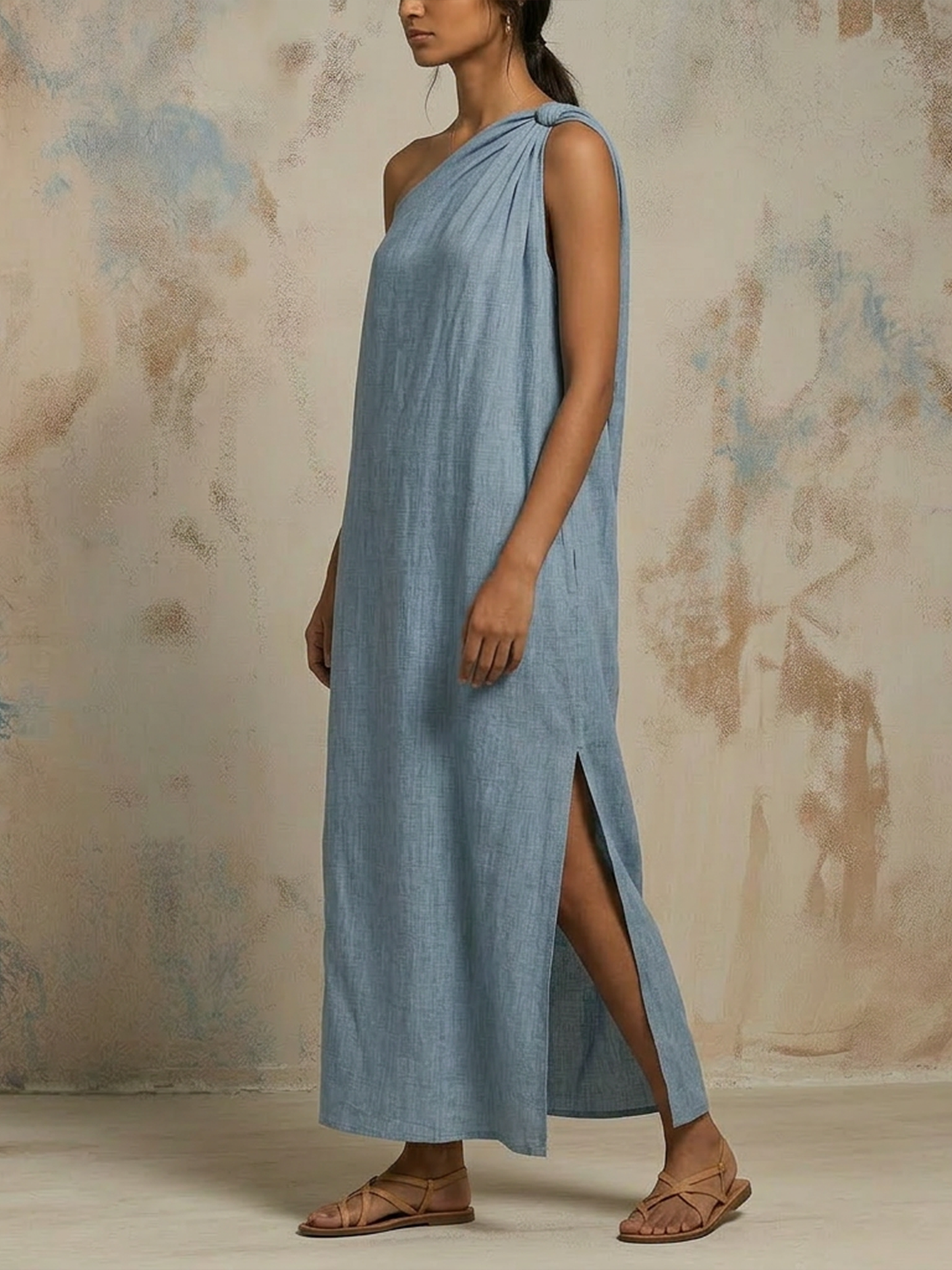 Asymmetric One-Shoulder Linen-Cotton Maxi Dress