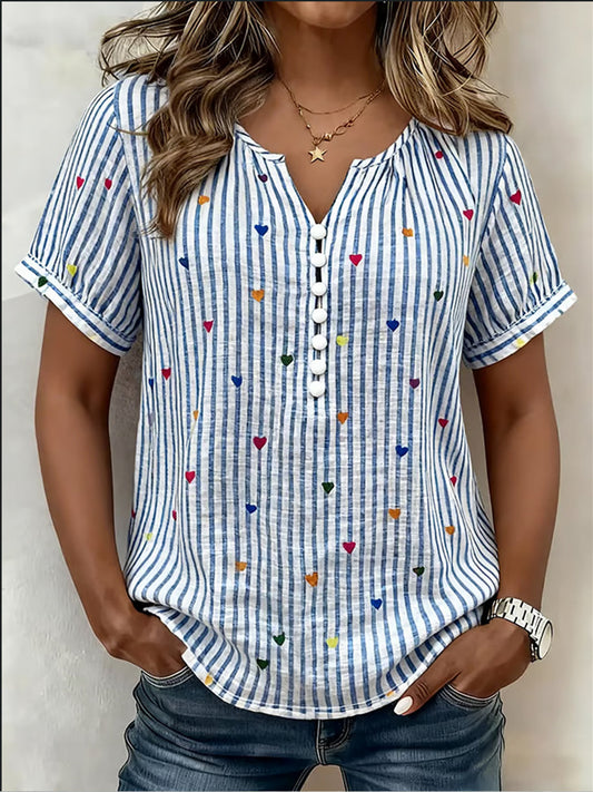 Casual Heart And Stripe Linen-cotton Shirt