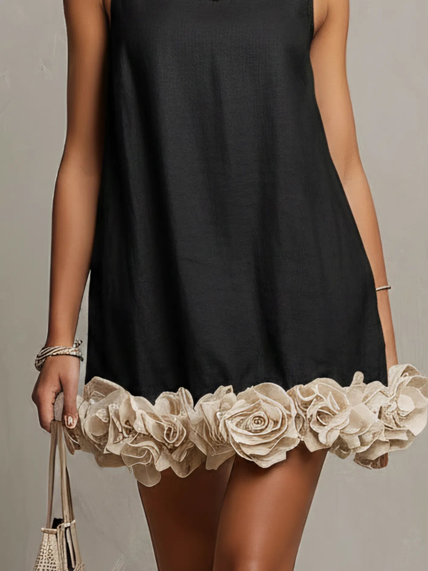 Black Cotton-Linen Mini Dress With 3D Floral Hem