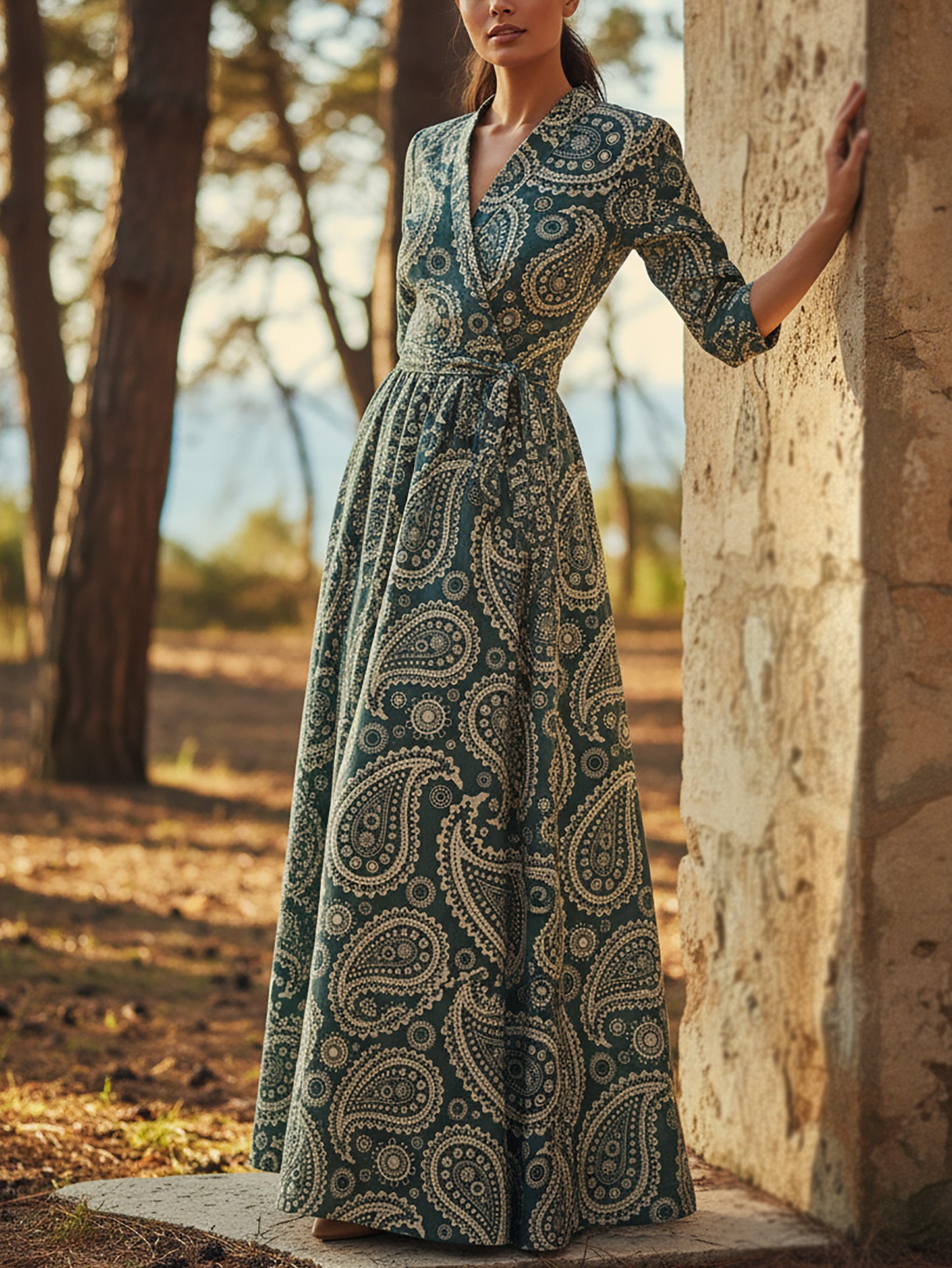 Maxi Linen Dress, Half Sleeve, V Neck, Paisley, Belt Design, Vintage, Cyan