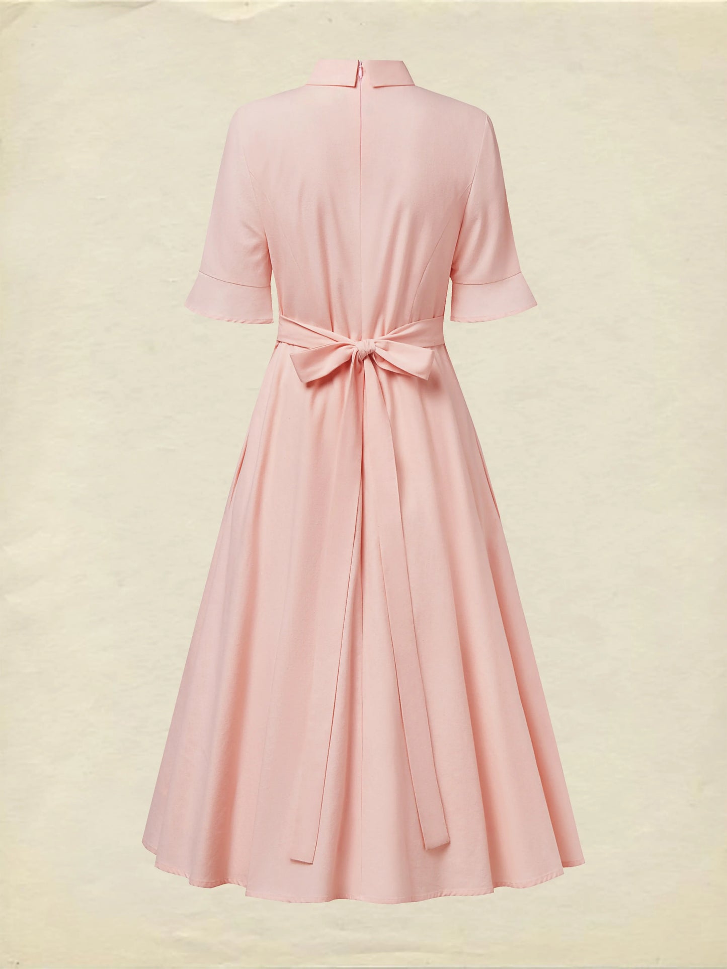 Midi Linen Dress , Half Sleeve, Round Neck, Plain, Bow, French Vintage, Light Pink
