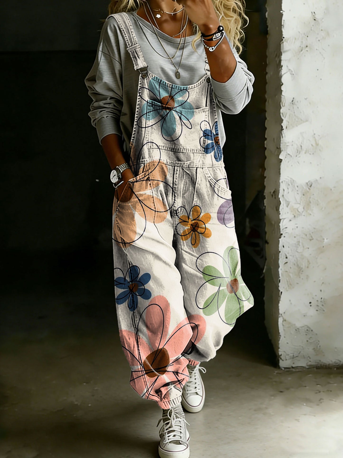 Women’s Vintage Flower Print Casual One Piece Denim Jumpsuit