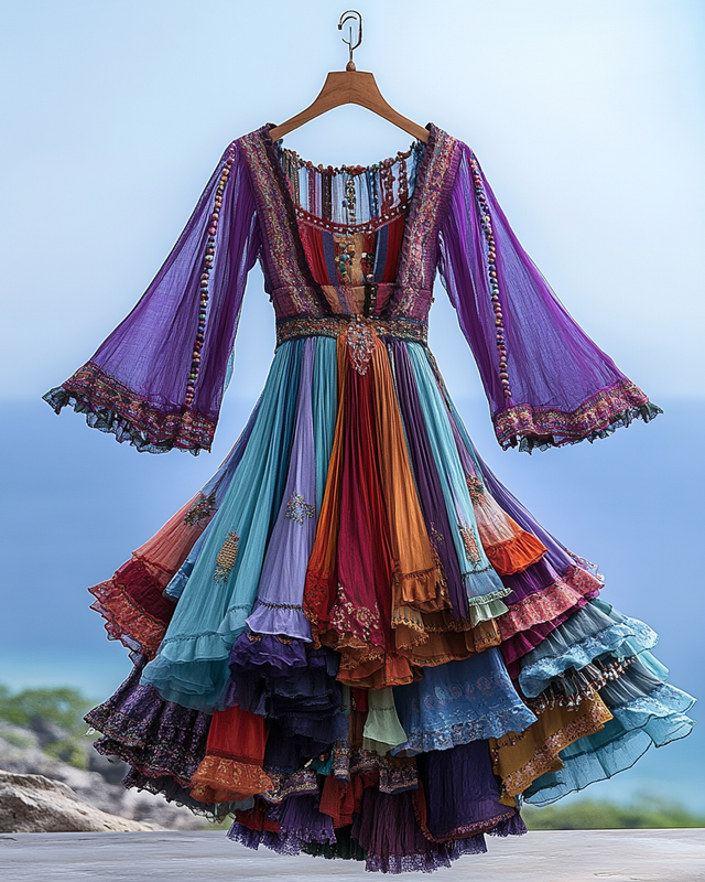 Elegant contrast color vacation rainbow maxi dress 73be