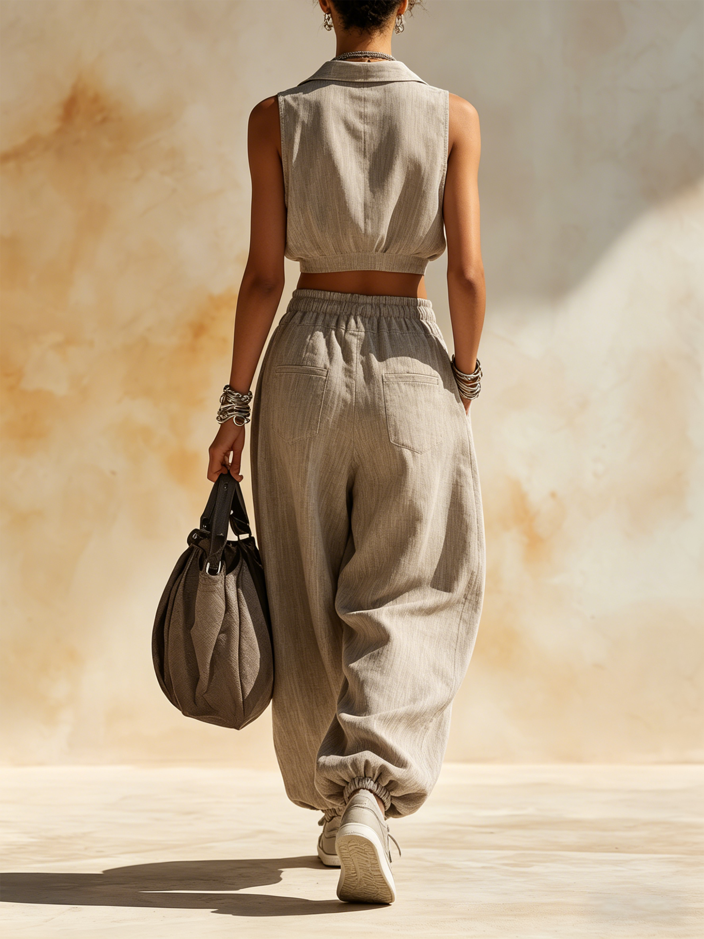 Linen-Blend Cropped Vest & Balloon Pants Two-Piece Set | Casual Chic Loungewear