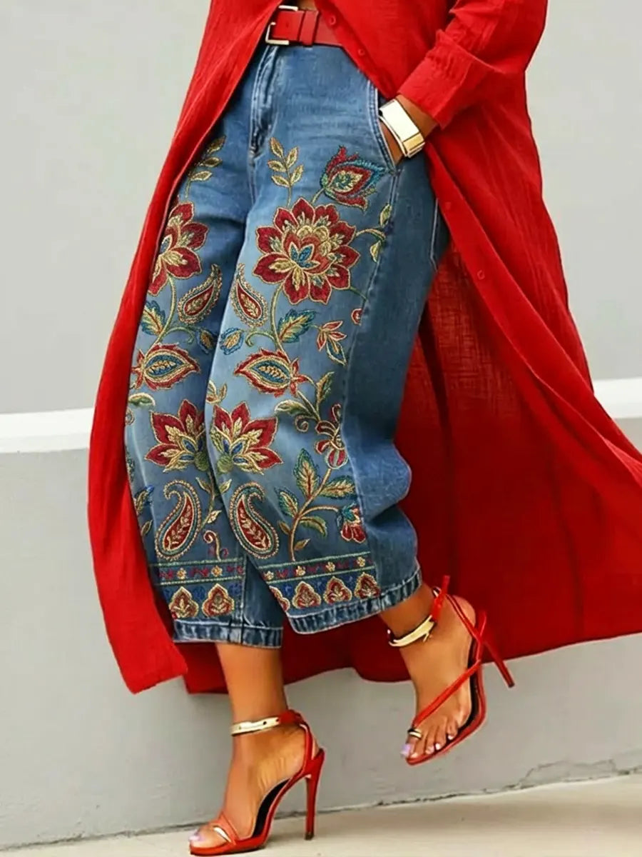 Women's Retro Floral Pattern Art Print Casual Jeans