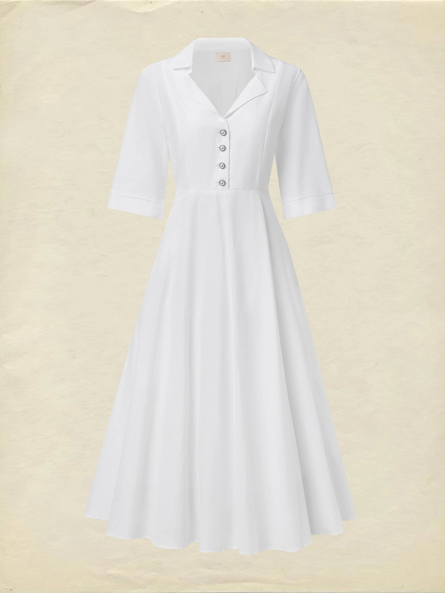 Linen Maxi Dress, Half Sleeve, Shawl Collar, Plain, Vintage, White