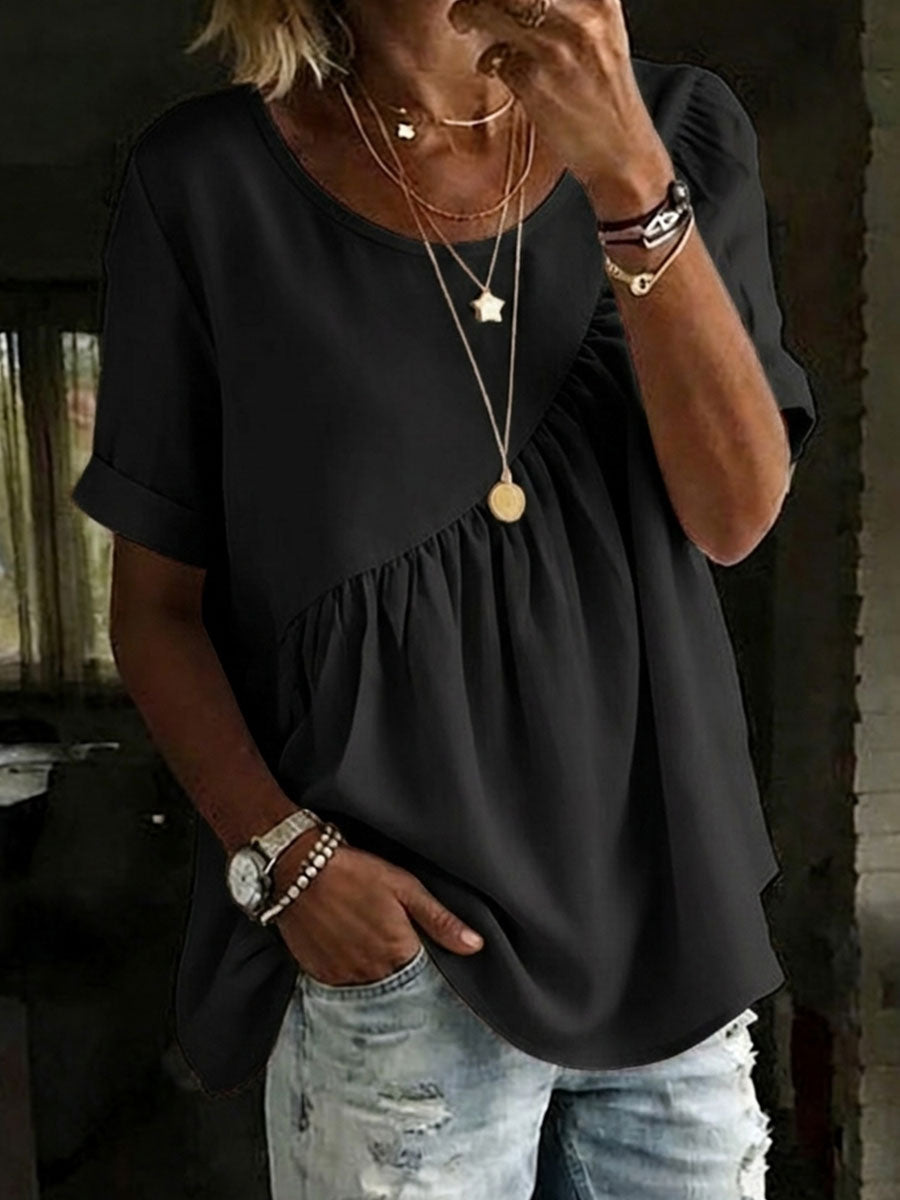 Women's Round Neck Cotton Linen Solid Color Loose Short-sleeved Shirt – Side Tether