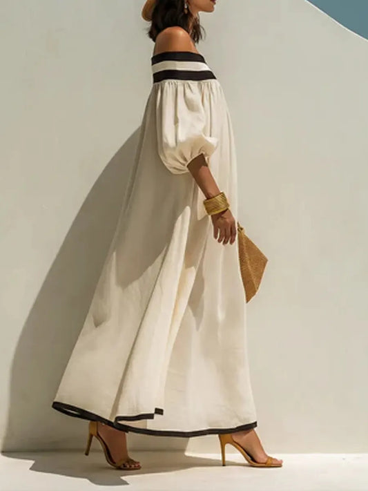 Loose-fitting Color-blocked Off-the-shoulder Cotton-linen Maxi Dress