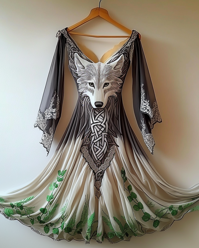 Summer holiday Viking theme print irregular handmade ribbon dress 7959