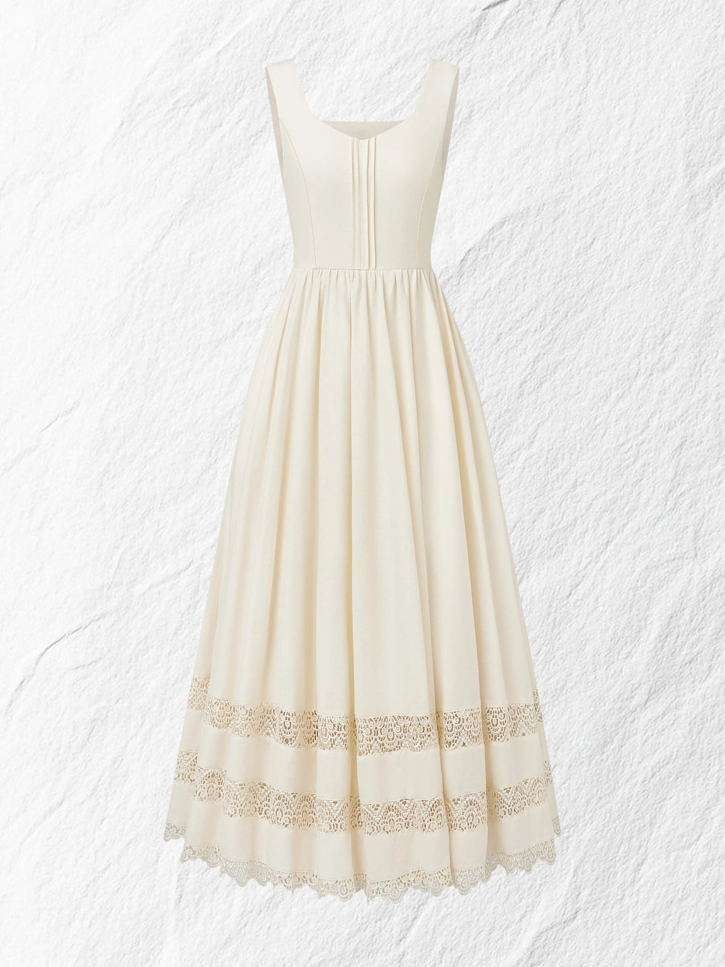 Maxi Linen Dress, Sleeveless, Sweetheart Neckline, Plain, Lace, Vintage, White