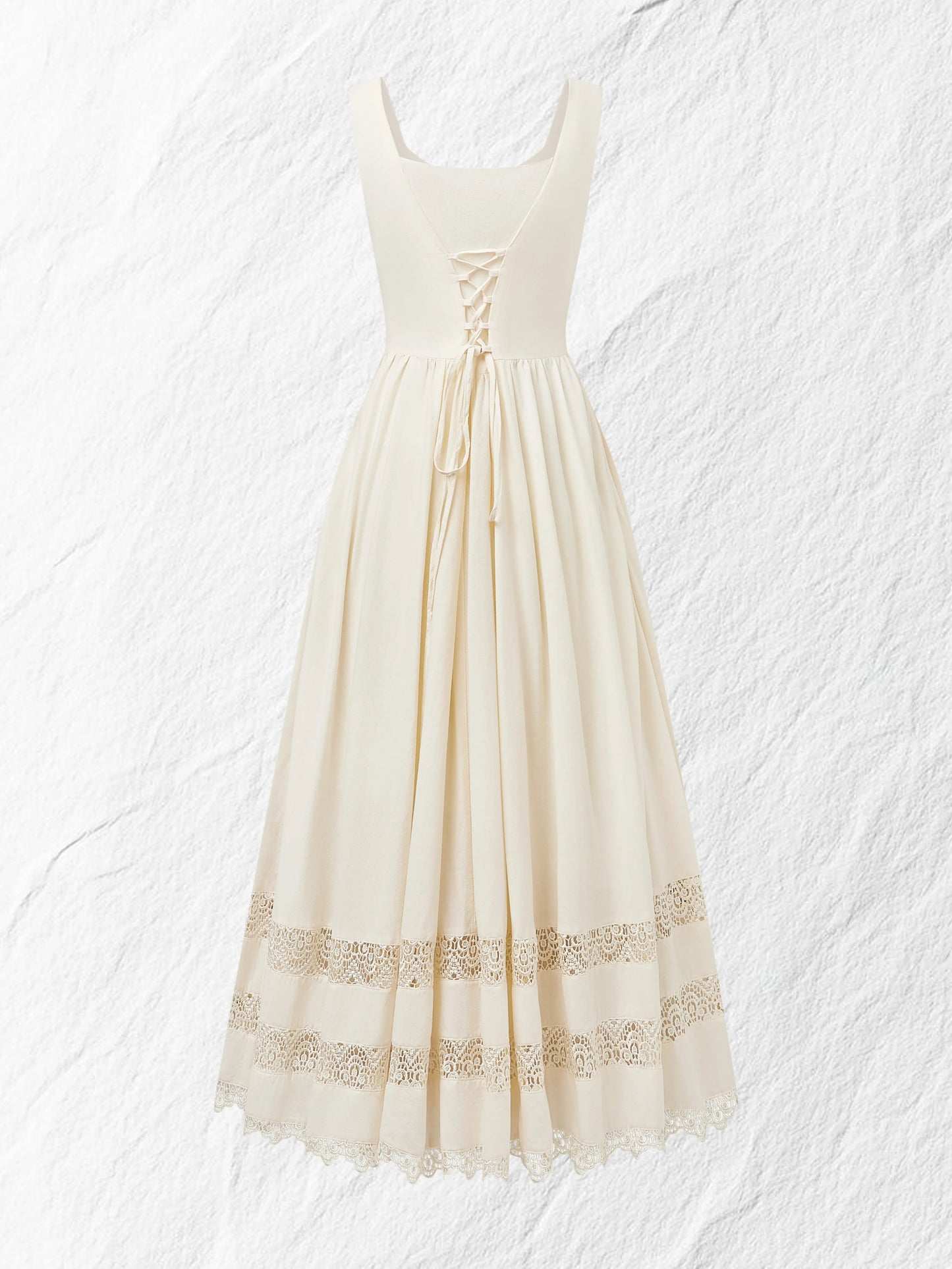 Maxi Linen Dress, Sleeveless, Sweetheart Neckline, Plain, Lace, Vintage, White