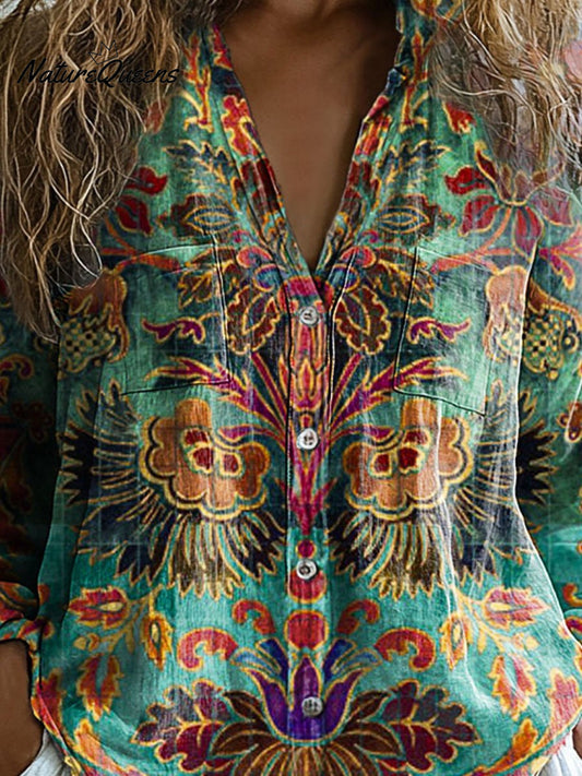 Women's Vintage Lovely Floral Art Print Casual Long Sleeve Comfortable Cotton Shirt