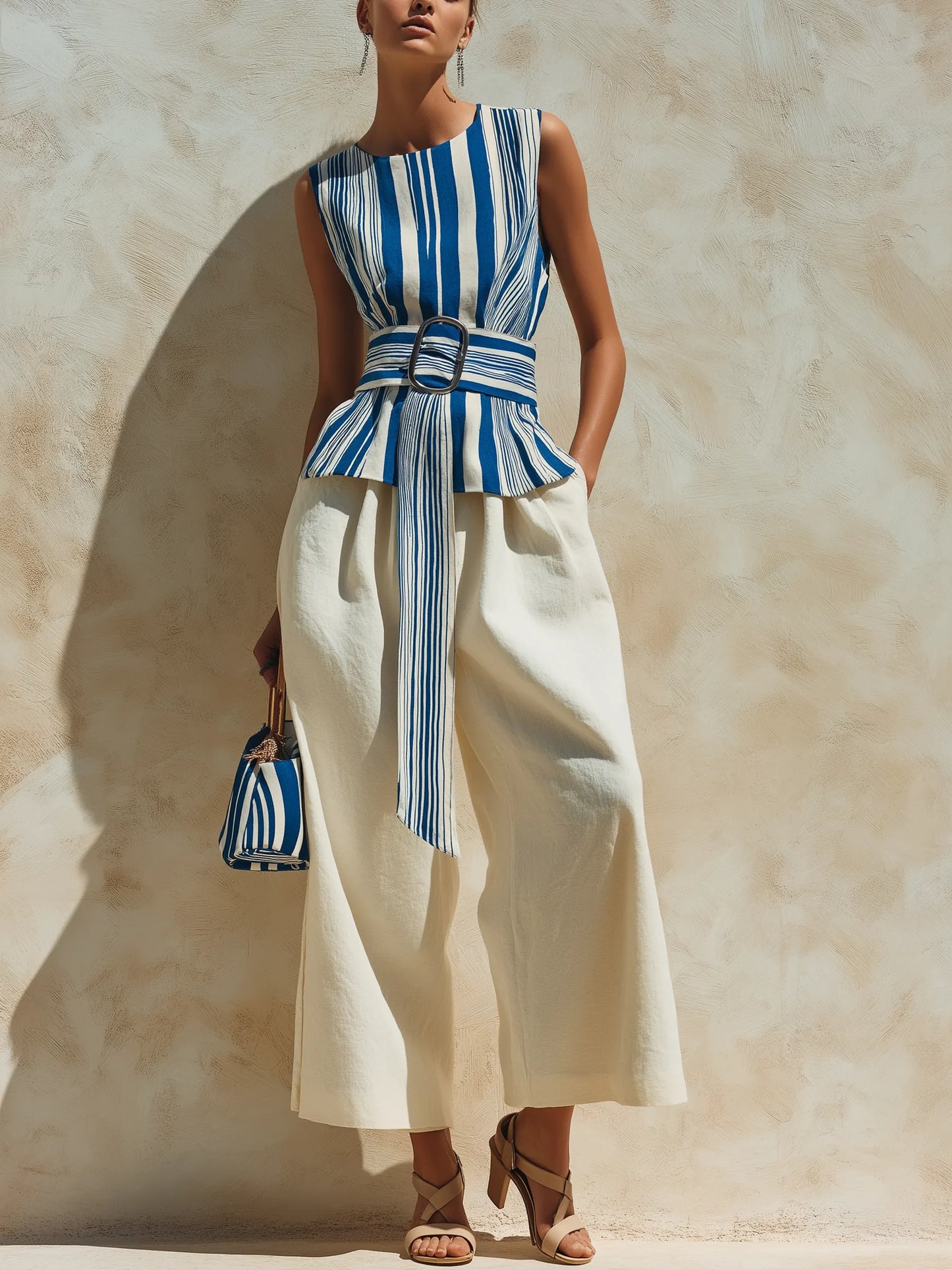 Blue & White Stripe Peplum Top & Wide-Leg Linen Pants Two-Piece Set