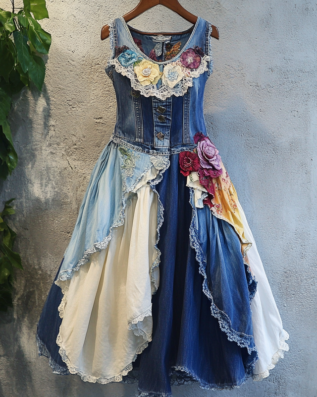 Summer Irregular Ruffle Denim Lace Patchwork Dress 8b21
