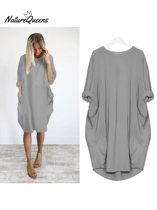 Women's Solid Color Loose Elegant Casual Long-sleeved Pocket Dress