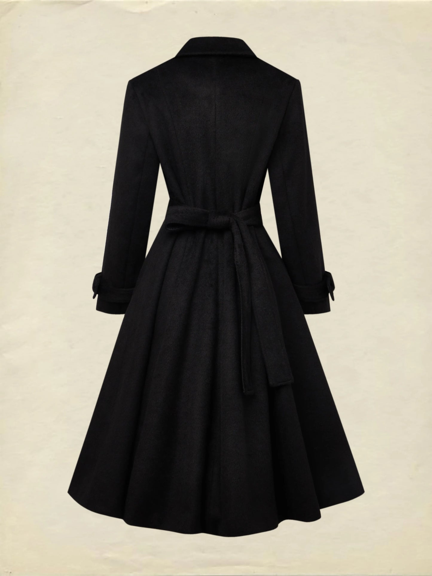 Wool Trench Coat, Long Sleeves, Lapel Collar, Plain, Button Design, Vintage, Black
