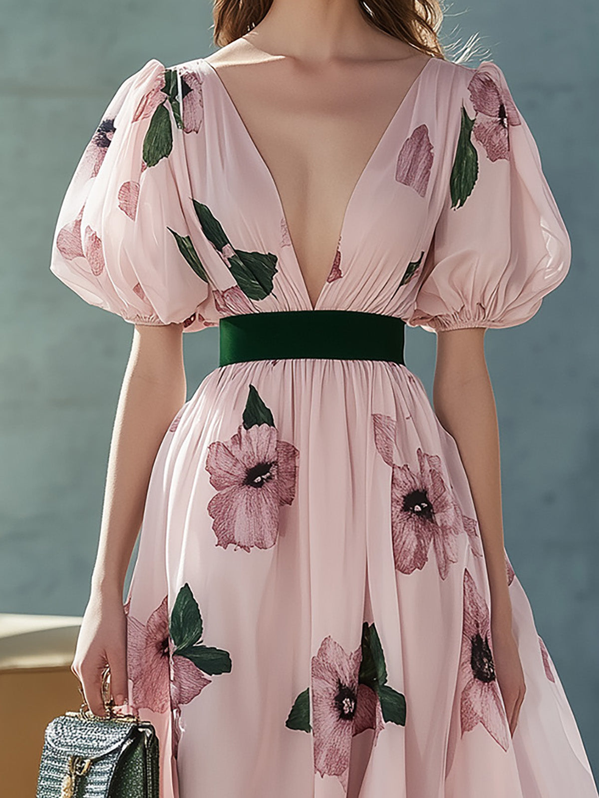 Elegant Pink Chiffon Floral Print Dress with Waist Belt