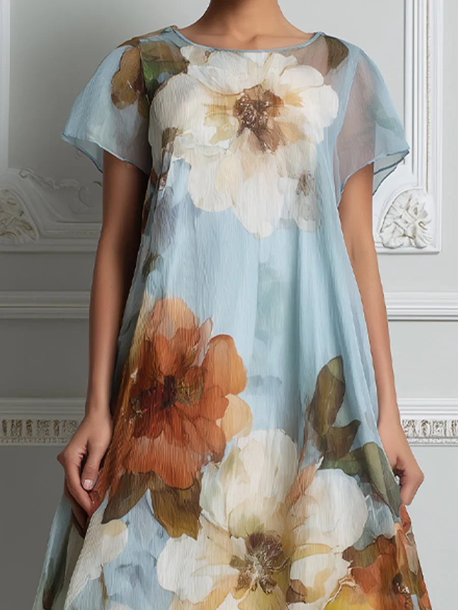Elegant Floral Chiffon A-Line Midi Dress