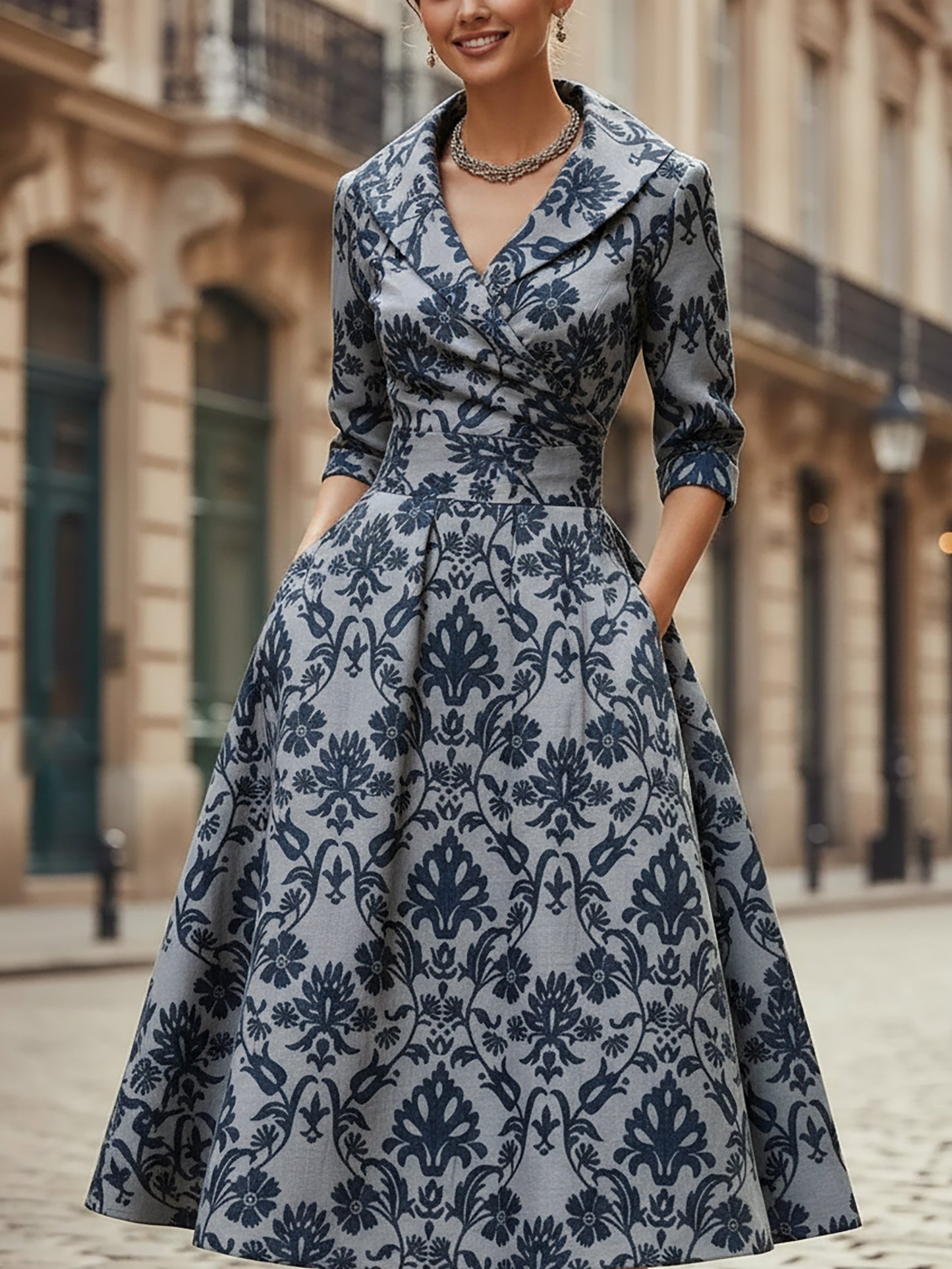 Midi Linen Dress, Half Sleeve, Shawl Collar, Paisley, Pocket Design, Vintage, Blue