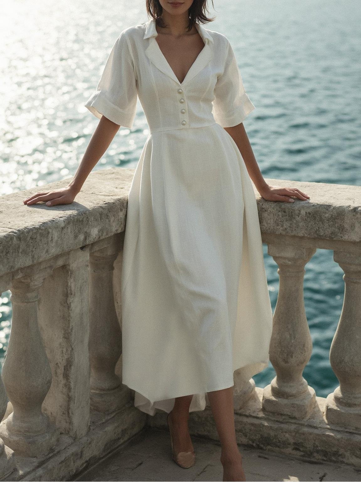 Linen Maxi Dress, Half Sleeve, Shawl Collar, Plain, Vintage, White