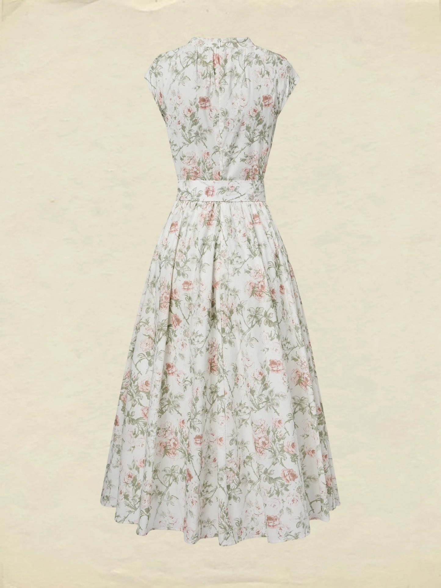 Midi Cotton Dress, Cap Sleeves, Round Neck, Floral, Belt Design, Vintage, Apricot
