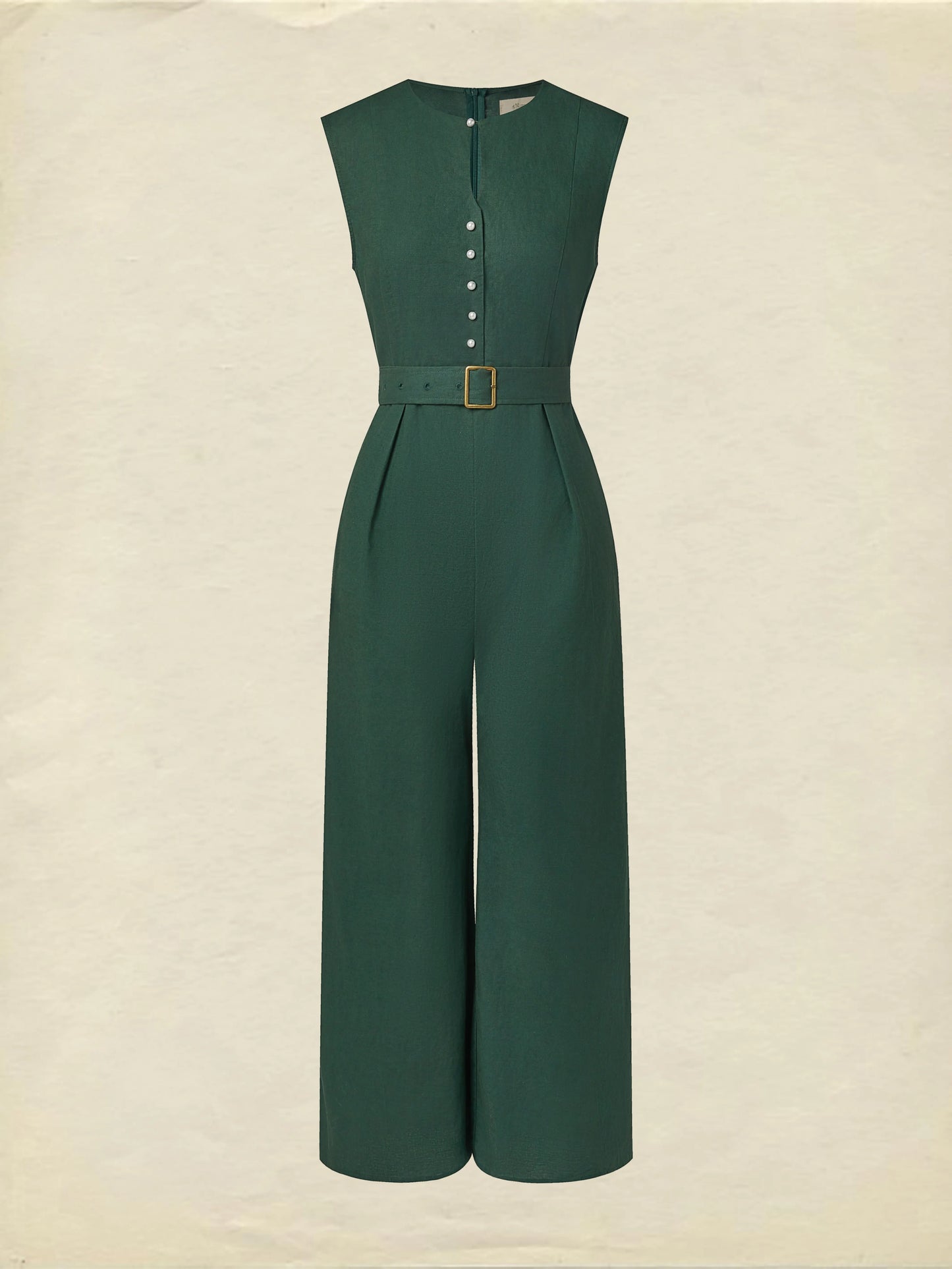 Linen Jumpsuit , Sleeveless, V Neck, Plain, Button Design, Vintage, Green