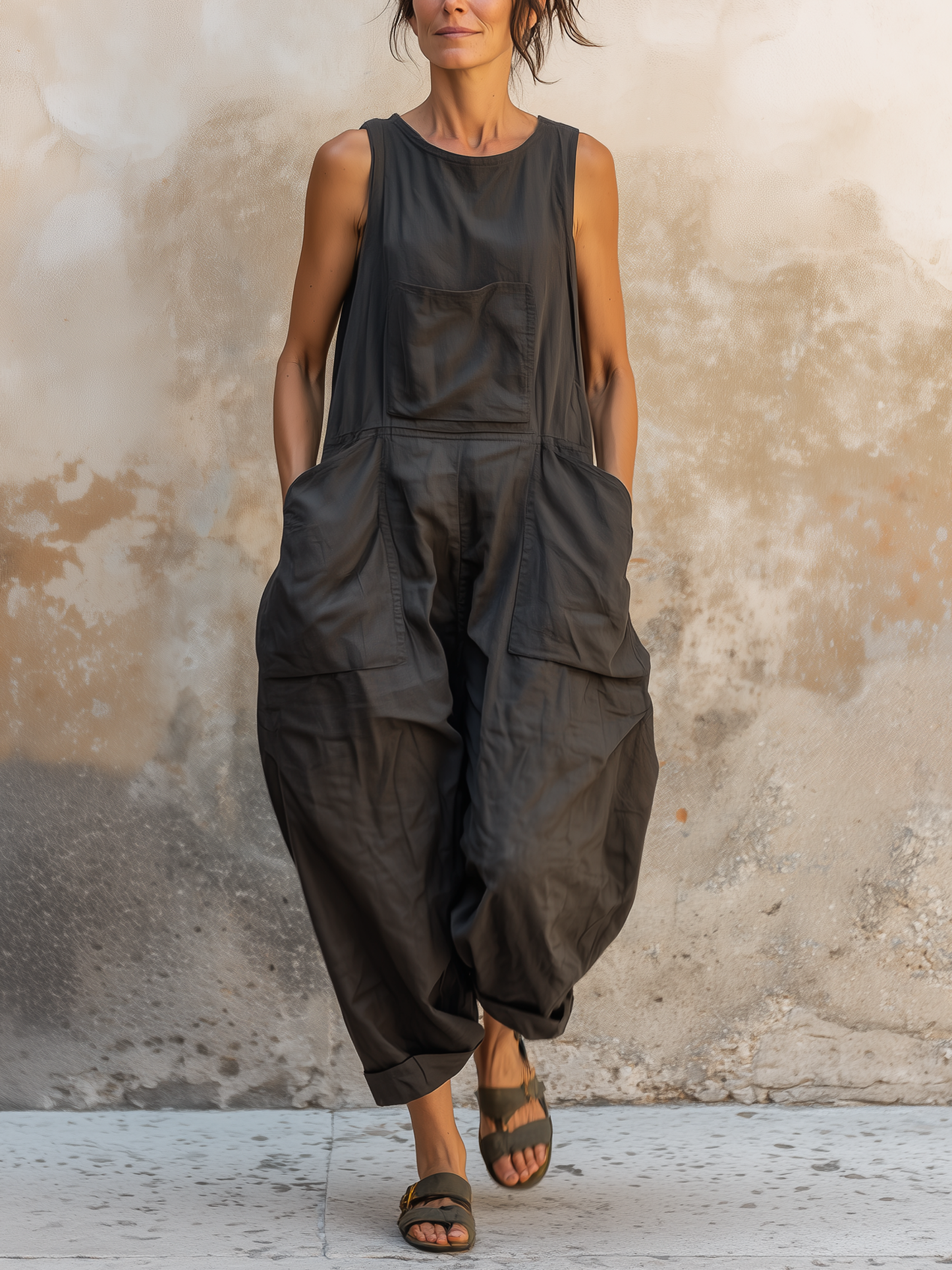 Dark Gray Cotton Sleeveless Oversized Harem Jumpsuit