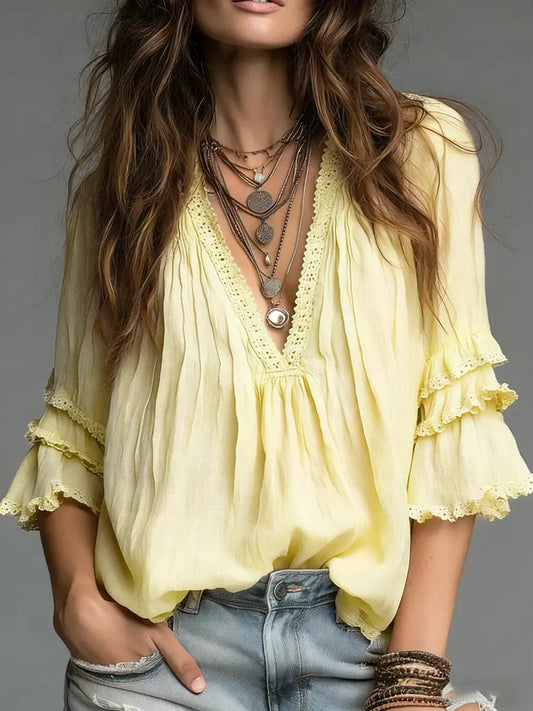 Women's V-neck Cotton And Linen Shirt