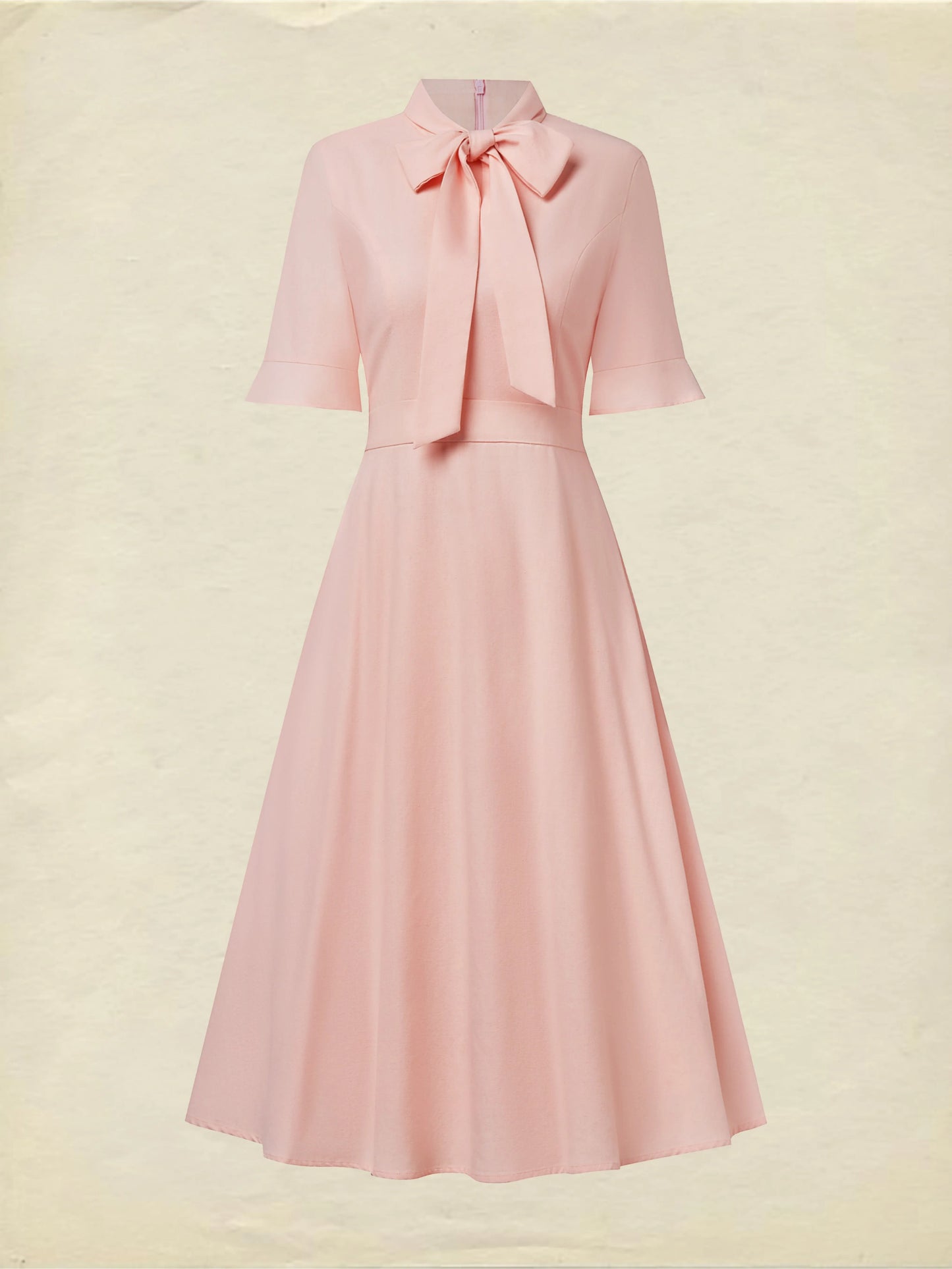 Midi Linen Dress , Half Sleeve, Round Neck, Plain, Bow, French Vintage, Light Pink