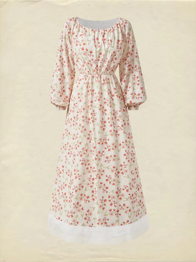 Cotton And Linen Floral Regular Fit Long Sleeve Elegant Dress, Pink