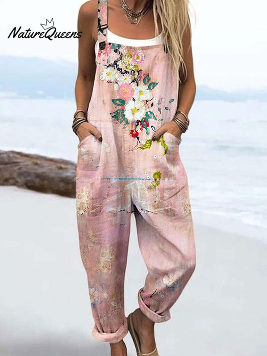 Women's Vintage Floral Art Print Casual 100% Cotton Wide Leg Jumpsuit