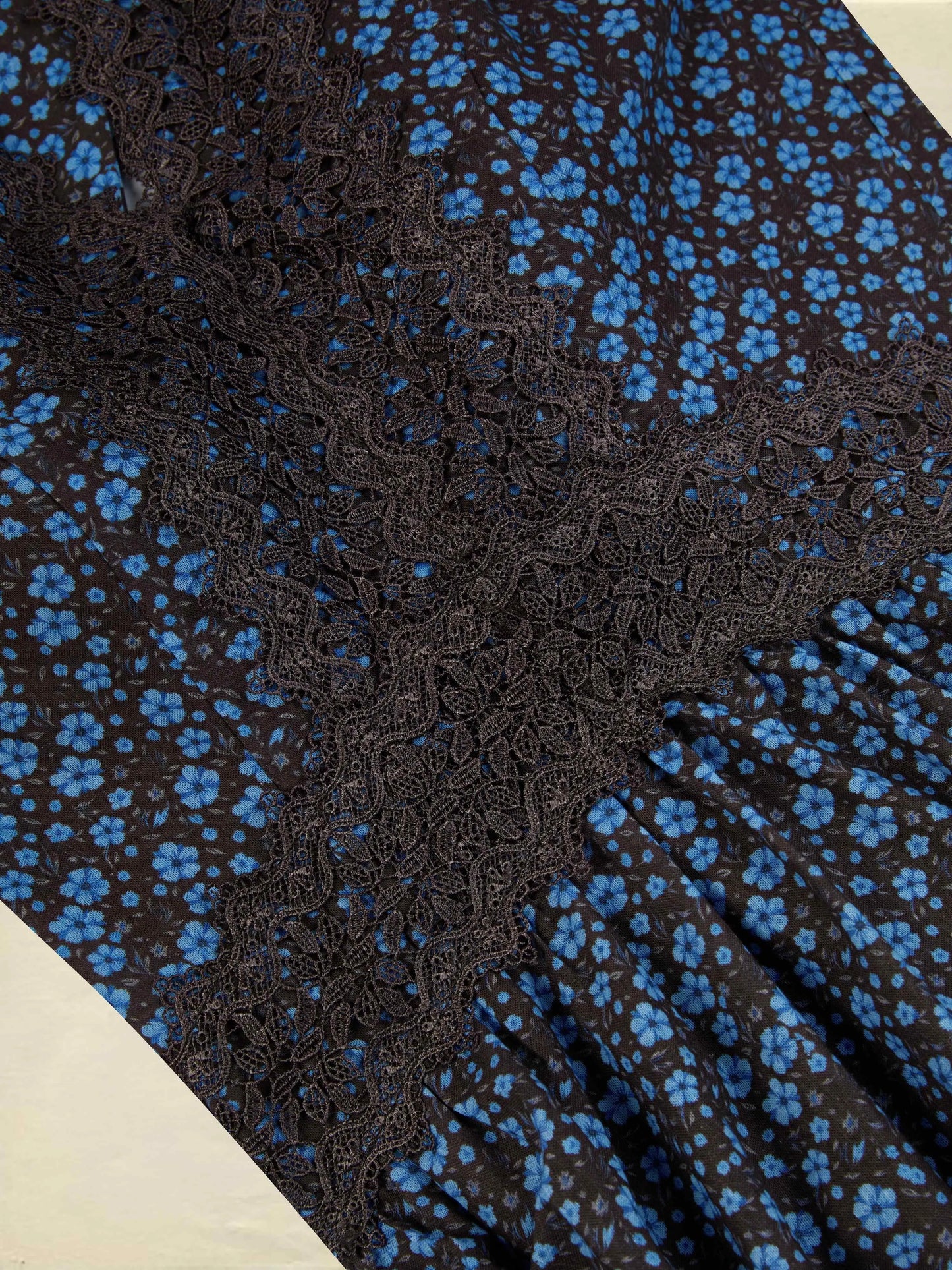 Maxi Cotton Dress, Sleeveless, V Neck, Floral, Lace, Vintage, Blue