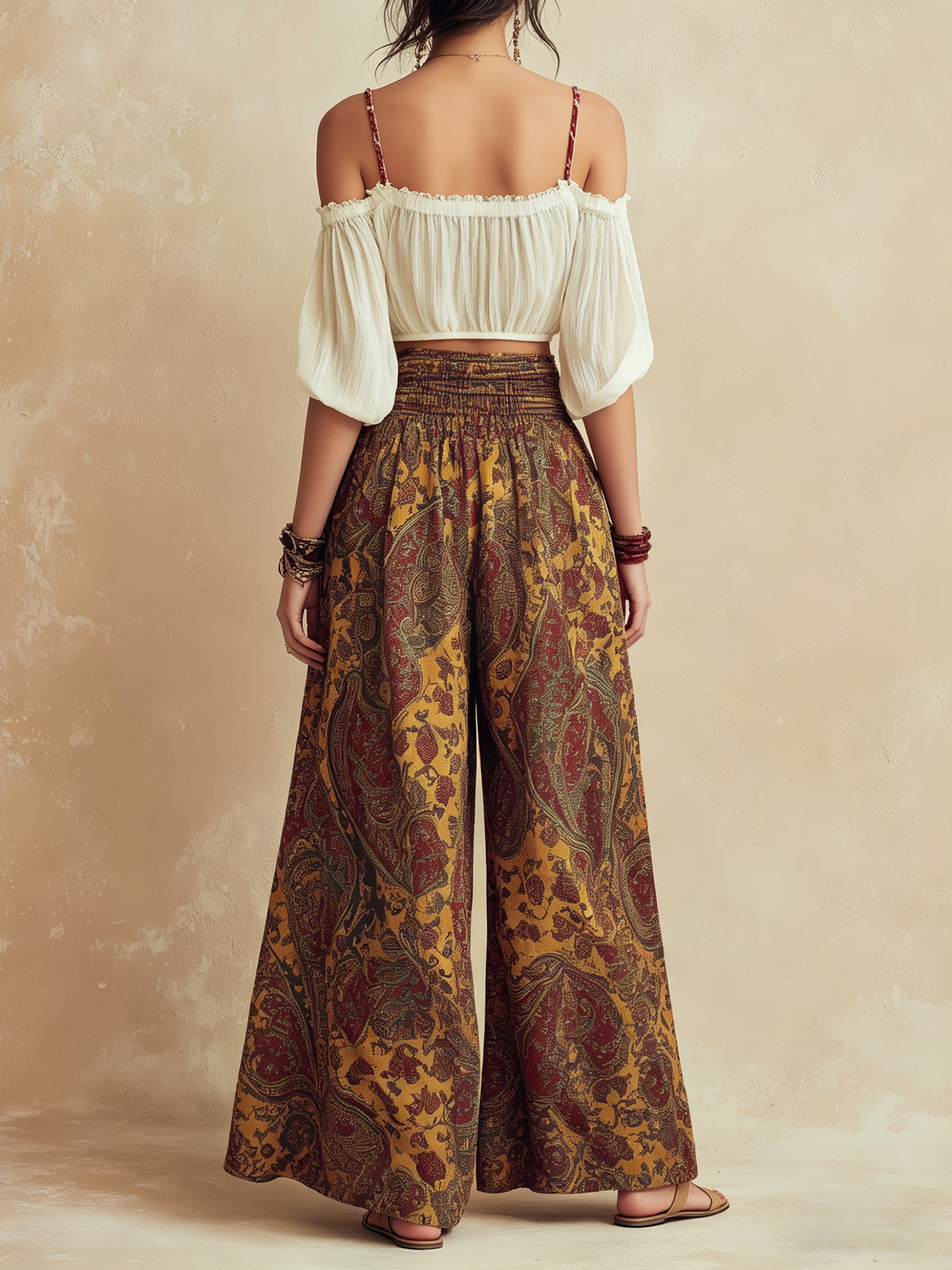Bohemian Off-Shoulder Two-Piece Set - Flowy Printed Palazzo Pants & Crop Top