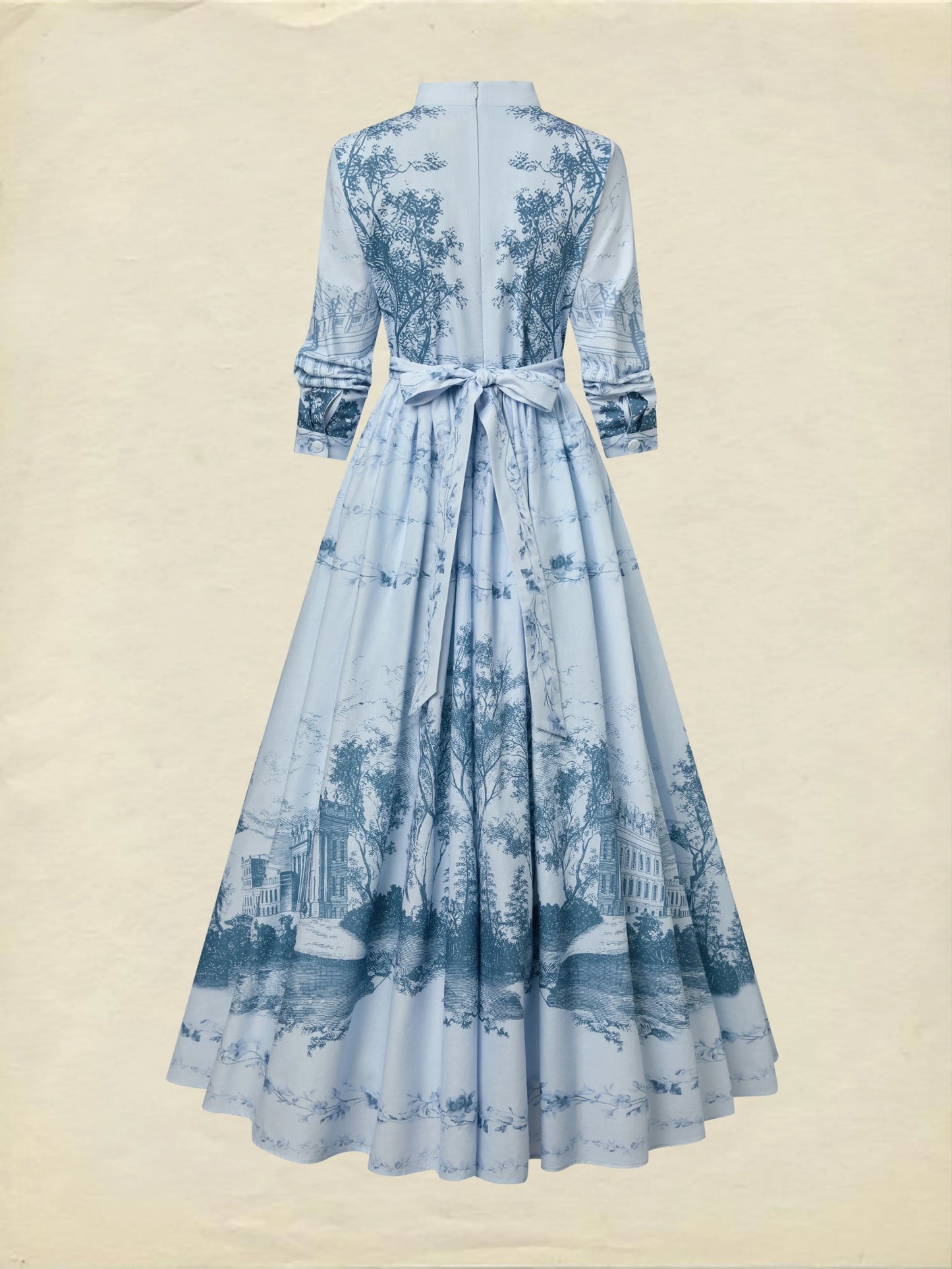 Maxi Cotton Dress, Long Sleeves, Stand Collar, Floral, Pocket Design, Vintage, Blue