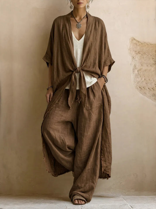 Bohemian-style Linen And Cotton Two-piece Set: Long Cardigan And Trousers