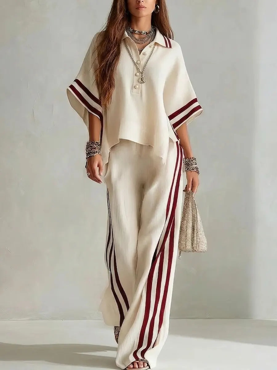 Women's Simple Polo Collar Line-decorated Cotton-linen Set