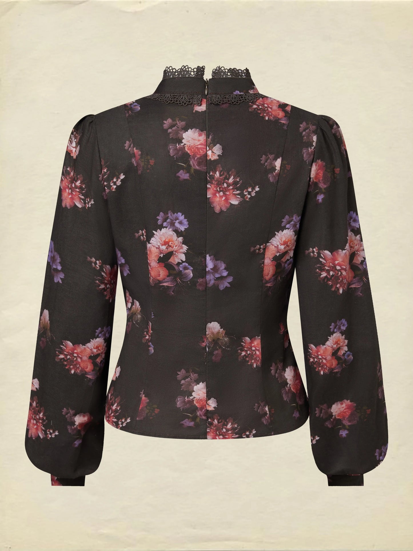 Cotton Blouse, Long Sleeves, Stand Collar, Floral, Lace, Vintage, Black