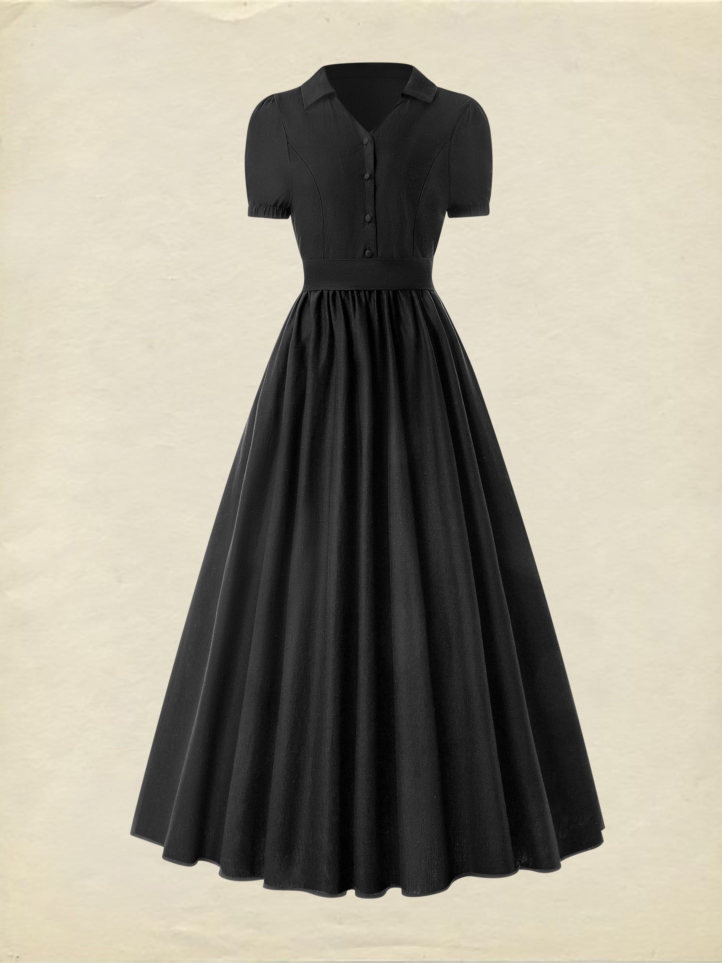 Maxi Cotton Dress, Short Sleeve, Shawl Collar, Plain, Summer, Black