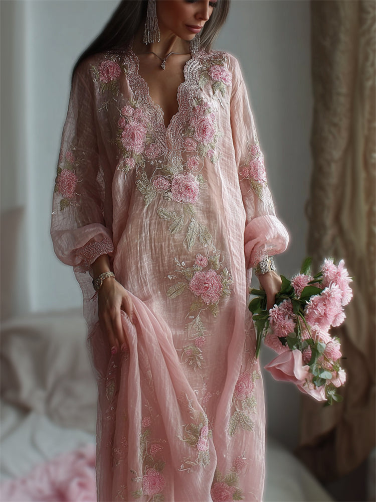 Boho Pink Roses Embroidered Glitter Lace Oversize Linen Maxi Dress