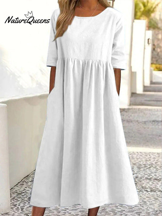 Cotton And Linen Casual Short Sleeve Pocket Pleated Loose Round Neck Dress