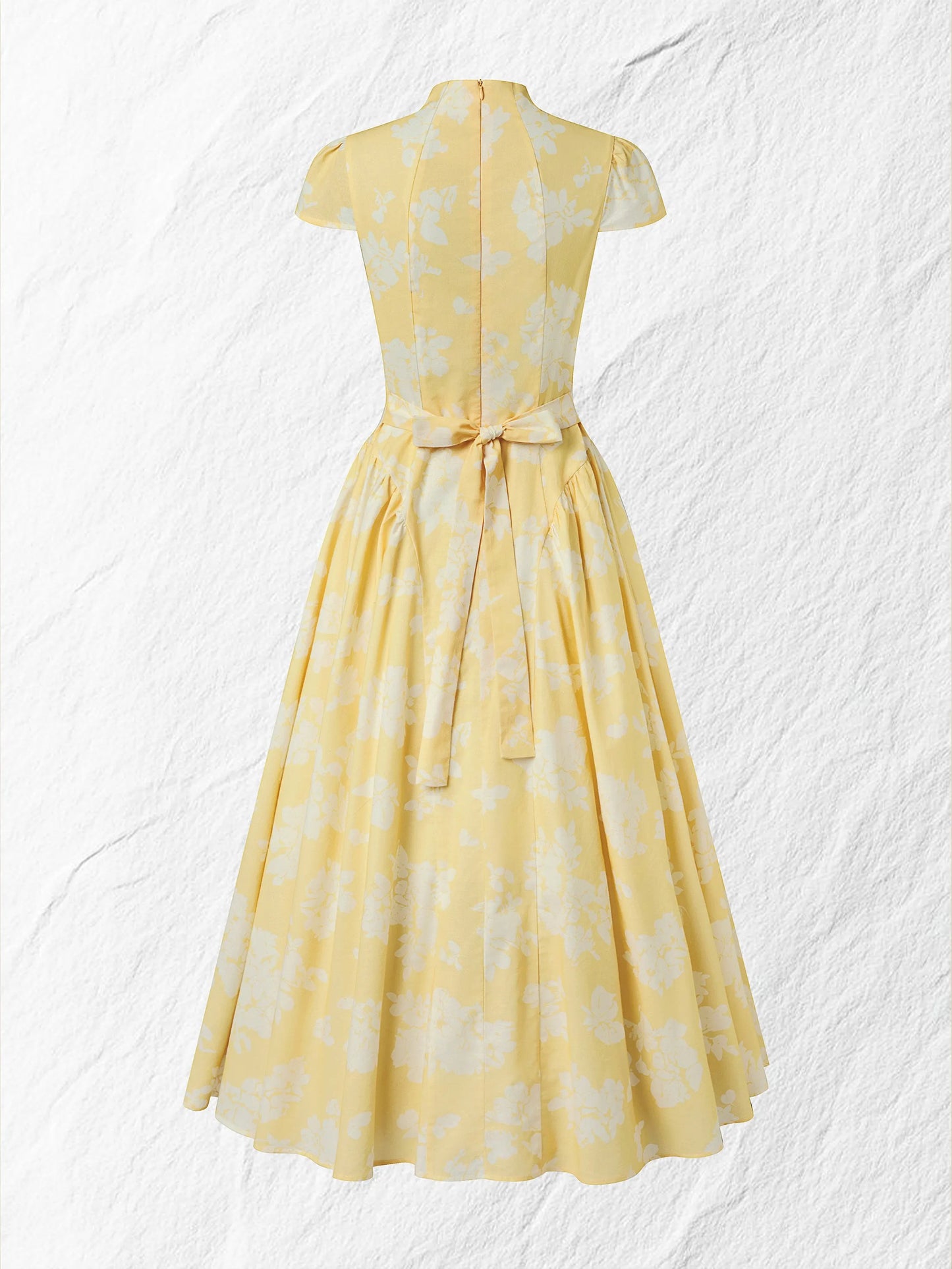 Midi Cotton Dress, Short Sleeves, Floral, French Vintage, Yellow