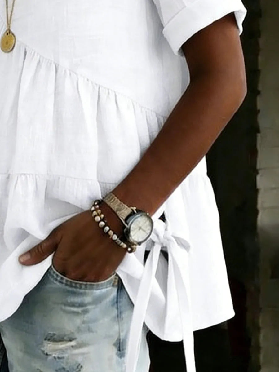 Women's Round Neck Cotton Linen Solid Color Loose Short-sleeved Shirt – Side Tether