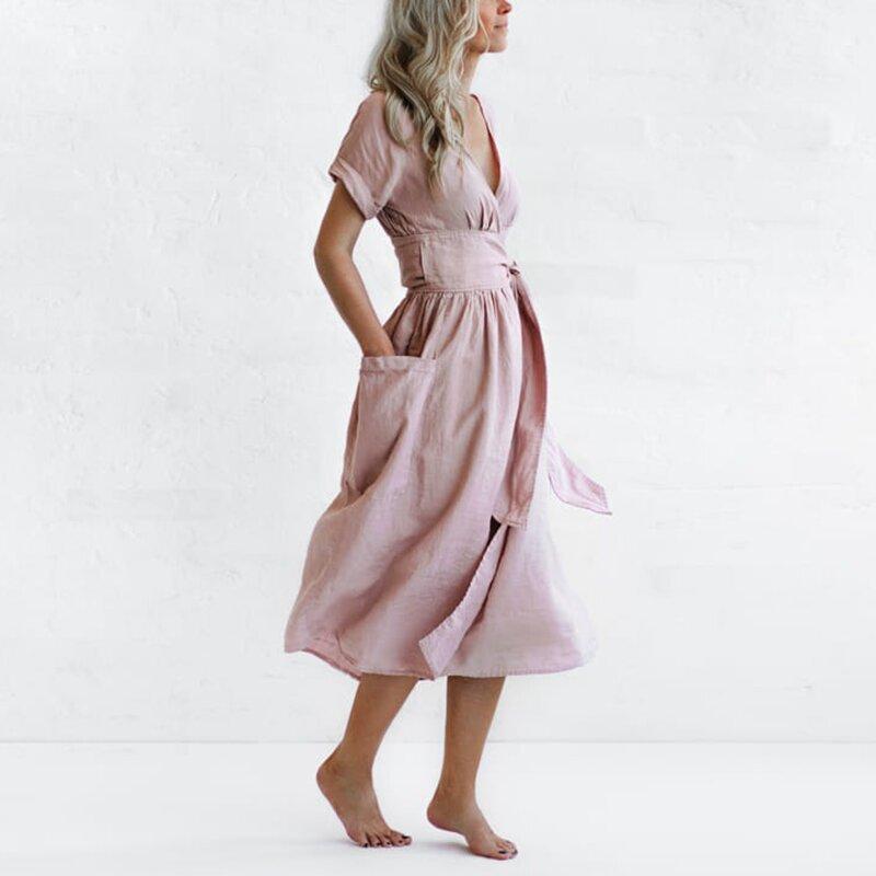 Women's Fashion V Neck Belt High Waist Short Sleeves Cotton- Linen Dress