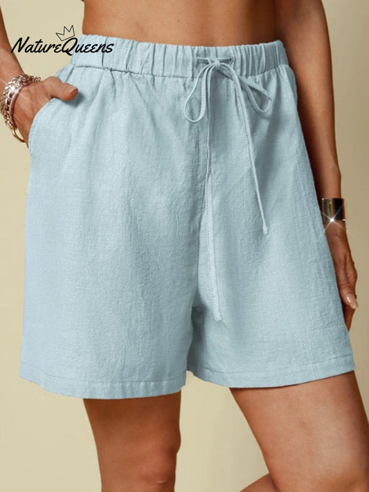 Cotton And Linen Solid Colour Casual Elastic Waist Tie Style Shorts