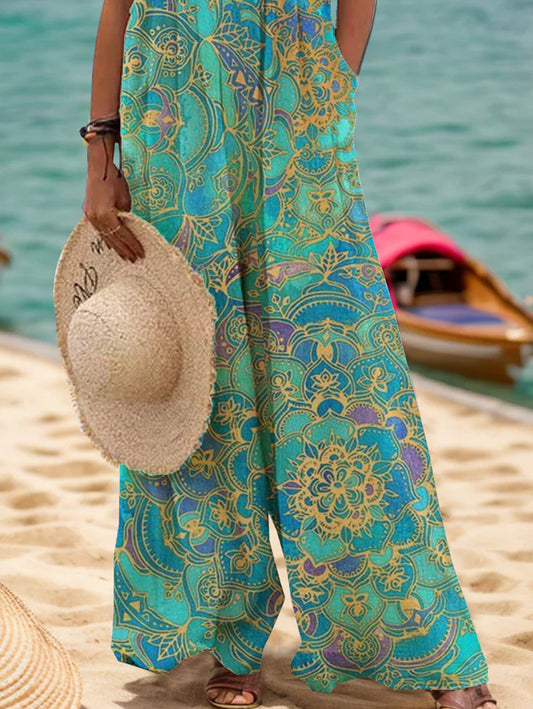 Ursime Swimwear Retro Ethnic Pattern Pocket Overall Jumpsuit